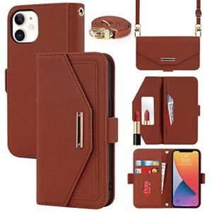 Cavor Coque Compatible avec iPhone 12 Mini Etui avec Cordon,Flip Portefeuille Étui Cuir,[5 Porte Cartes][Miroir][Magnétique][Réglable Collier] Housse - Marron (Copmob, neuf)