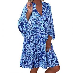 NNGOTD Robe de Travail Femme Ete Longue Boheme Style Grande Taille Impression Vintage Mousseline De Soie R&eacute;Tro Dentelle Mi Longue (BAULMD（90% Big Promotion Without Discount Code ）, neuf)