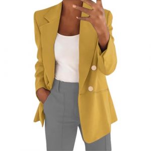 shownicer Blazer Femme Élégant Manches Longues Revers Veste de Costume Blouson Jacket Couleur Unie Slim Fit Tailleur Ouvert Manteau A Jaune Foncé L (Bang Okay Design, neuf)