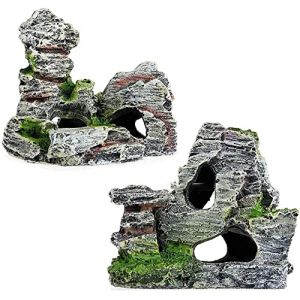 CHJIEJIE 2 pi&egrave;ces Roche d'aquarium avec Grotte et Herbe Verte pour Cachette des Poissons et Crevettes, D&eacute;coration d'aquarium en R&eacute;sine, Grotte en R&eacute;sine d'aquarium Vue Montagne, 11 x 9 x 11 cm, 10 x (JINKANG-EU, neuf)