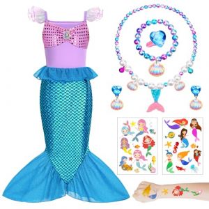 AUNGKWANG 4 Pi&egrave;ces Sirene D&eacute;guisement Ariel La Petite Sirene, Collier et Tatouage Enfant (Thriving day by day, neuf)