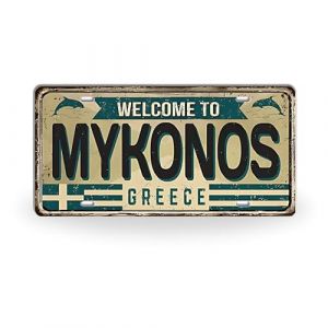 Plaque d'immatriculation des &icirc;les grecques - Impression vintage en m&eacute;tal - Villes grecques - D&eacute;coration d'int&eacute;rieur m&eacute;diterran&eacute;enne - Cadeau souvenir de voyage Mykonos (Papagaio Studio, neuf)