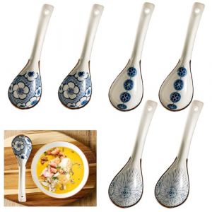 Xiuyer 6Pcs Cuill&egrave;res &agrave; Soupe Japonaises Et Cor&eacute;ennes Poign&eacute;e Incurv&eacute;e C&eacute;ramique Ramen Chinoise Cuill&egrave;re &agrave; Riz Cuill&egrave;re &agrave; Soupe Pour C&eacute;r&eacute;ales Ramen Pho Wonton Bouillie (Xiuyer, neuf)