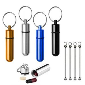 NITAIUN 4 Pcs Bo&icirc;te &agrave; Pilulier en Aluminium Mini Bouteille avec Petite cuill&egrave;re Portable Porte-M&eacute;dicament Conteneur Porte-Cl&eacute;s Organisateur pour un Usage Quotidien et en Plein Camping (QiMingXia EU, neuf)