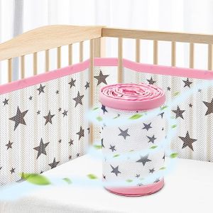 WYSWYG® Tour de lit pour bébé - 70 x 140 cm - Maille respirante de qualité supérieure - Protection contre le pincement - Motif étoile rose (JING-FR, neuf)