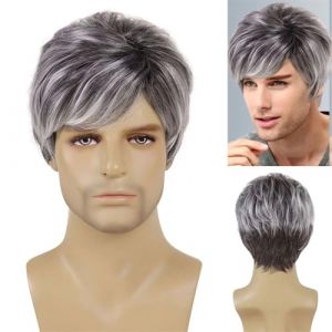perruque pour hommes Perruque de Cosplay synthétique naturelle résistante à la chaleur for homme, perruque courte bouclée noire mélangée de cheveux gris for homme, perruque cadeau for père cheveux rai (yichangljxiu, neuf)