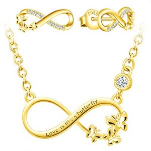 Yumilok collier femme fille, boucles d'oreilles femme, ensemble de bijoux, collier pendentif et boucle d'oreille papillon symbole d'infini, collier et clou d'oreille en argent 925, zircon incrusté (Yumilok, neuf)