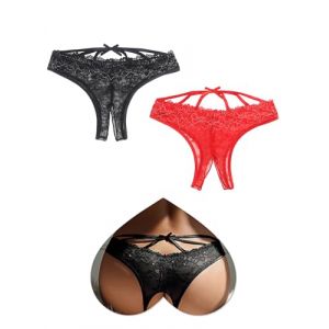 ohmydear String Sexy Ouverte Tanga Femme Sexy Chic Dentelle Slip Grandes Tailles Transparent Panties Lingerie Tenue Hot sous-V&ecirc;tements 2 Pack (OHMYDEAR, neuf)