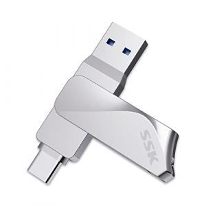SSK Cle USB 64Go Clé USB3.2 Haute Vitesse Clef USB2 en 1 Métal Flash Drive jusqu'à 200Mo/s, OTG Double Cles USB-Stockage Imperméable Mémoire Stick Pen Drive pour Android Voiture PC tablettes (SSK Corporation Direct, neuf)