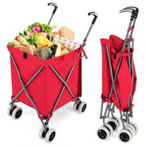 GYMAX Chariot de Courses Pliable, Caddie de Courses en Métal avec Sac 90L, Charge 55KG, Chariot à roulettes Portables pour Shopping/Supermarché/Camping (Rouge) (GYMAX EU, neuf)