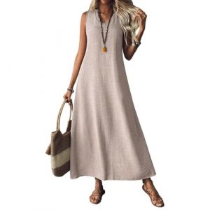 Générique Robes en Lin pour Femmes 2025, Robe Longue sans Manches à col en V, Robe d'été décontractée, Longue et Fluide (Beige,TTG) (YuchiStore, neuf)