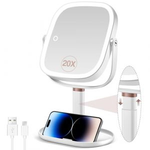 MIYADIVA Miroir grossissant 20x avec 3 lumières colorées, Miroir cosmétique grossissant avec Interrupteur Double Face, Hauteur réglable, Miroir grossissant avec lumière (Gardenia-FR, neuf)