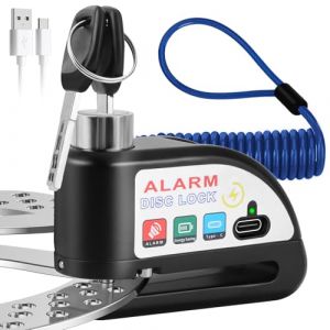 Antivol Moto, Bloque Disque Alarme 110db, USB Rechargeable, Bloque Disque de Haute S&eacute;curit&eacute; avec 1.5m C&acirc;ble Rappel, 2 cl&eacute;s, Antivol Universel Bloc Frein 7mm Roue Universel Scooter Moto Velo (DERUNRUN, neuf)