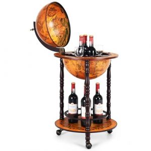 COSTWAY Bar Globe Terrestre Vintage Mappemonde en Bois d'Eucalyptus, Bar pour Bouteilles de Vin avec 3 roulettes et Style Italien du XVIe Siècle, pour Vins, Boissons, Verres à Pied, 47 x 47 x 90 cm (FDS GmbH, neuf)