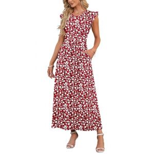 AUSELILY Robe de Poche &agrave; Manches Courtes &agrave; Volants pour Femme Robe Longue D&eacute;contract&eacute;e &agrave; Col Rond Jupe de Plage D'&eacute;t&eacute; Fleur Rouge M (JIOTANG EU, neuf)