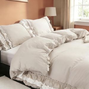 Wotcsil Housse de Couette Beige 200x200cm &agrave; Volants avec Taies d'oreiller 50x75cm Parure de Lit Feuille de Lotus Romantique pour Femme Fille en Microfibre Douce Avez Fermeture &Eacute;clair (Hoosaint, neuf)