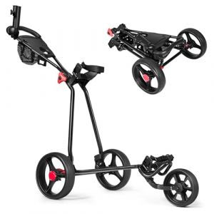 COSTWAY Chariot de Golf à 3 Roues Pliable avec Poignée Réglable Carte de Pointage Porte-Parapluie et Porte-Tee Support de Téléphone Sac en Maille Noir (FDS GmbH, neuf)