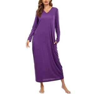 Sykooria Chemise de Nuit Femme Longue Chemise de Nuit Femme Hiver Robe de Nuit Femme Coton Chemise de Nuit Manche Longue avec Poche Peignoir de Bain Taille Grande B-Violet S (CHONGREN-EU, neuf)