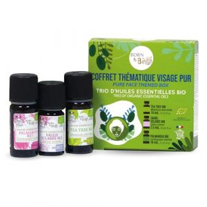 BORN TO BIO Coffret Huiles Essentielles - Th&eacute;matique Visage Pur - Trio d'Huiles Essentielles BIO - Propri&eacute;t&eacute;s Purifiantes - Tea Tree, Sauge Sclar&eacute;e et Palmarosa (Born To BIO, neuf)