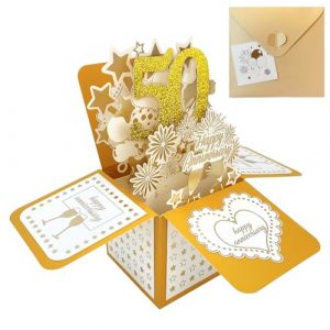 Carte Anniversaire 50 Ans,3D Carte de Voeux Dor&eacute; Joyeux Anniversaire,Carte Pop Up 50e Anniversaire avec Enveloppe Cadeau pour Femmes Hommes Filles Amis M&egrave;res (A 50) (JunShenQS, neuf)