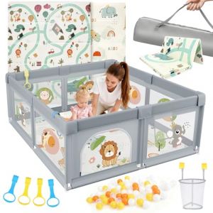 SOFTHOM Parc pour b&eacute;b&eacute; avec tapis de jeu pliable, grand parc pour b&eacute;b&eacute; avec matelas, aire de jeux stable et s&ucirc;re, int&eacute;rieur/ext&eacute;rieur, sol antid&eacute;rapant et filet respirant (gris 2, 180 x 200 cm) (SOFTHOM, neuf)