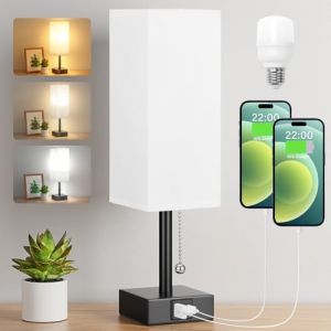 Kakanuo Lampe de Chevet 3 Couleur (3000/4000/5000K) avec Ports de Charge USB-A+C Ampoule LED Interrupteur à Chaînette pour Chambre à Coucher Salon Bureau Chambre d'enfant Hôtel(Blanc) (Dicoool-eu, neuf)