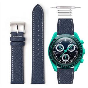 HORACE Bracelet de montre en cuir grainé à dégagement rapide universel compatible avec Omega x Swatch MoonSwatch 20mm (Bleu marine - Blanc) (LCGlobal, neuf)