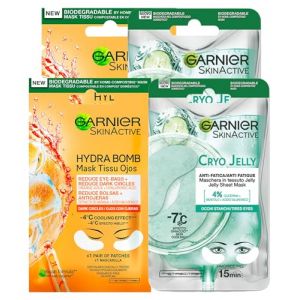 Garnier SkinActive Hydra Bomb Masque Yeux contre Cernes avec Jus d'Orange et Acide Hyaluronique 4 Patch + Cryo Jelly Masque Yeux Anti--Fatiques Effet Glace avec Glycérine et Menthol 4 Patch (Eurocali, neuf)