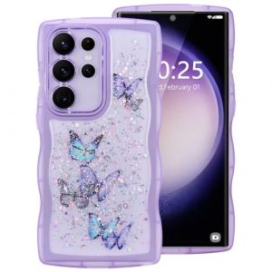 ROSEHUI Coque Papillon pour Samsung Galaxy S23 Ultra Coque de téléphone Portable en Forme de Cadre avec Vagues bouclées Transparente Protection d'appareil Photo en Silicone Anti-Rayures,Violet (ROSEHUI FR, neuf)