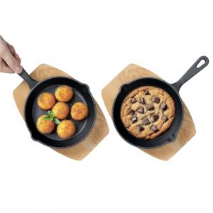 Navaris Po&ecirc;le Fonte Naturelle - 2X Mini Po&ecirc;le &agrave; Frire Antiadh&eacute;sive &Oslash; 15,3 cm avec Support en Bois - Petit Po&ecirc;le Oeuf Pancake Four BBQ Induction (SX-Commerce, neuf)