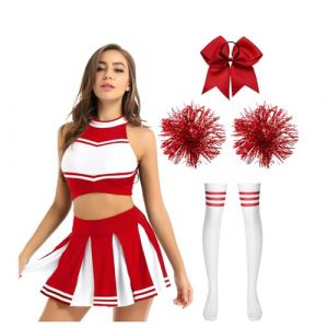dPois Femme Robe Déguisement Pom-Pom Girl Mini Jupe Plissée Costume Carnaval Débardeur Tenue Uniforme École Musicale Football Volley-Ball Rouge A S (dPois eu, neuf)
