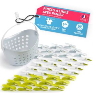 culiclean Pince a Linge Soft Clips – Panier Epingle a Linge – Fabriqué en France – avec Panier/Gris-Vert-Blanc, Panier Gris – Lot de 40 Pinces + 1 Panier (ISC Brands, neuf)