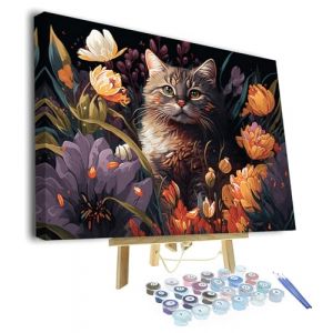 TISHIRON Animaux Peinture par Num&eacute;ros pour Adultes - Chat et Fleurs &agrave; l'Huile - Bricolage Abstrait sur Toile avec Pinceaux - Artisanat pour La Maison (TuAnn-EU, neuf)