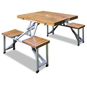 DEUBA® Ensemble Pliable Table et 4 assises Bois et Aluminium Stable avec poignée de Transport léger Camping Pique-Nique (FR-DEUBA, neuf)
