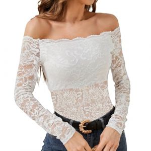 Haut Dentelle Femme, Chic et Elegant Chemisier en Dentelle Florale Transparente Chemise Sexy en Maille Haut Manches Longues Automne et Hiver Blanc, M (Zawalud, neuf)