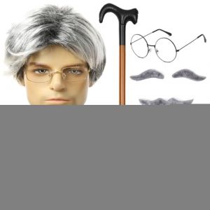 Ensemble de perruques de vieil homme, cosplay de vieil homme,Costume de grand-p&egrave;re 8 pi&egrave;ces/ensemble pour hommes, taille adulte - Perruque canne de marche, lunettes, faux sourcils, moustache, n&oelig;ud pap (Reomue, neuf)