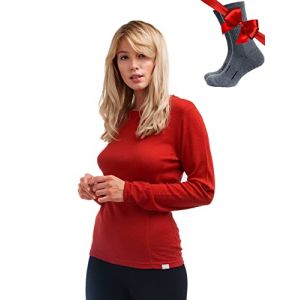 Merino.tech Chemise Femme Laine Merinos - Premium Merino Haut Thermique Femme Mi-Lourd + Chaussettes de randonn&eacute;e en Laine m&eacute;rinos (X-Large, 250 Cherry Red) (MR.EQUIPP LIMITED, neuf)