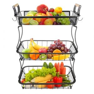 Panier de Rangement en Fil m&eacute;tallique Support de Fruits pour Pain collations,Corbeille &agrave; Fruits avec 2 cintres Bananes, Corbeille &agrave; Fruits et l&eacute;gumes pour comptoir de Cuisine, 37*22*55,5 cm - Noir (Hechheu, neuf)