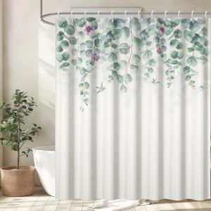 Rideau Douche Anti Moisissure, Uiiooazy Rideau de Douche 240x180cm Feuilles Vert Eucalyptus Fleur Violet Rideaux de Baignoire Tissu Lavable Imperm&eacute;able Polyester Rideaux Salle de Bain avec 12 Crochets (dongguibinjingpinxiaodianpu, neuf)