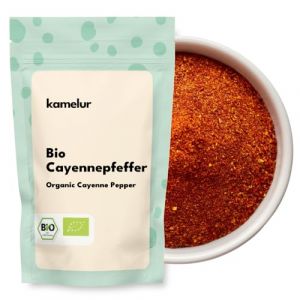 Kamelur 250g de piment de Cayenne BIO en poudre - poivre de Cayenne biologique de haute qualité, finement moulu et sans additifs - 9.000 Scoville - dans un emballage biodégradable (KONTORHAUS GÖRICKE UG, neuf)