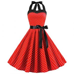 Robe Vintage Années 50 Femme Retro Rockabilly Pin Up Élégante Robes sans Manche Dos Nu Décolleté en Cœur Polka Dot Trapèze Mariage Cocktail Soirée Fête Cérémonie Décontractée au Genou Midi Rouge S (IWEMEK, neuf)