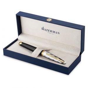 Waterman Carène Stylo plume | Métal et laque noire avec finition or et Capuchon ciselé | Plume moyenne en or 18 carats | Coffret cadeau (Parker - Rotring - Waterman, neuf)