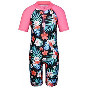 HUAANIUE Filles Maillot de Bain 1 Pièce 2-12 Ans, Anti-UV UPF 50+ Manches Courtes, Fermeture Éclair Frontale, Imprimés Colorés, Idéal pour Plage et Piscine (S406-Fleur Noir, 8-10 Ans) (HUANQIU EUR STORE, neuf)