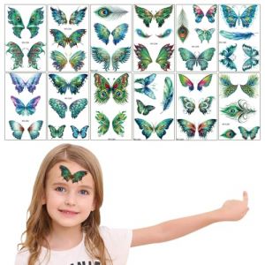 ZEPIQOR 12 Pcs Tatouages Temporaires Papillon Paon Faux Tatouage Éphémère Autocollant Vert Sticker de Visage Décoration DIY Accessoire de Déguisement pour Fête Musique Soirée Anniversaire Carnaval (CHECK APIR LTD, neuf)