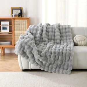 DREAMLANDING Couverture en fausse fourrure de lapin de luxe en peluche sherpa r&eacute;versible, couverture en fourrure duveteuse chaude et confortable pour lit, canap&eacute;, fauteuil, d&eacute;coration de la maison (HangZhou Azure, neuf)