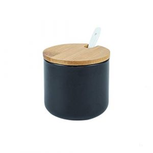Onepine 260ml C&eacute;ramique Sucrier Rond Seasoning Containers Pot &agrave; &eacute;pices Sel Spice Jar Condiments bo&icirc;te avec Cuill&egrave;re et Couverture de Bambou (OnePines, neuf)