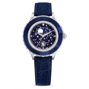 Swarovski Montre Octea Moon, Fabriqué en Suisse, Lune, Bracelet en Cuir, Bleues, Acier Inoxydable (juwelier-bektas, neuf)