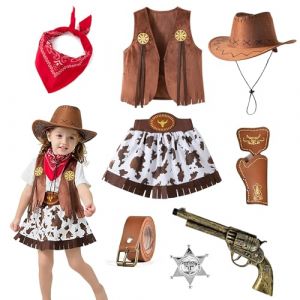 BOYIFEIJIE Costume de Cowboy Western Enfant 3–11 Ans avec Chapeau de Cowgirl, Gilet, Jupe, Ceinture, Foulard Rouge & Accessoires, Tenue de Carnaval, Déguisement Cosplay pour Filles (Filles, 130) (Baiyirich, neuf)