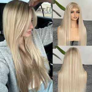 100% Cheveux Vierges Perruque Highlights Misty Moon Dor&eacute; Money Piece Blond Cendr&eacute; Lisses Densit&eacute; 160% Dentelle Nude UHD 13x4 Flexibilit&eacute; de S&eacute;paration Ligne de Cheveux Invisible (SXFYINOH, neuf)