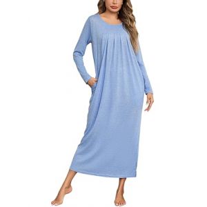 Leversic Chemise de Nuit Femme Longue Chemise de Nuit Hiver Chemise de Nuit Coton Femme Robe de Nuit Femme Nuisette Femme Manches Longues Bleu Clair M (CHONGREN-EU, neuf)